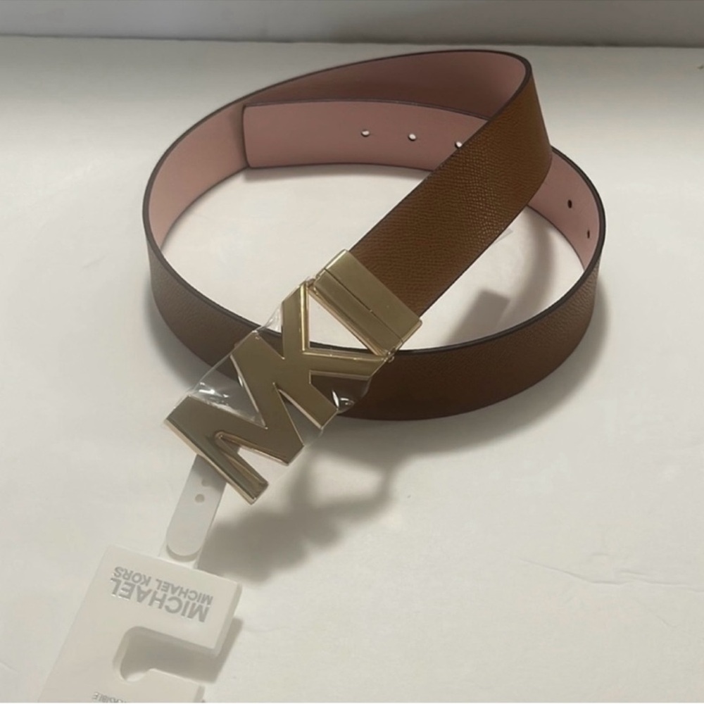 MICHAEL KORS Women’s Logo Reversible Genuine Leather Luggage & Pink Belt. NWT - Picture 2 of 16